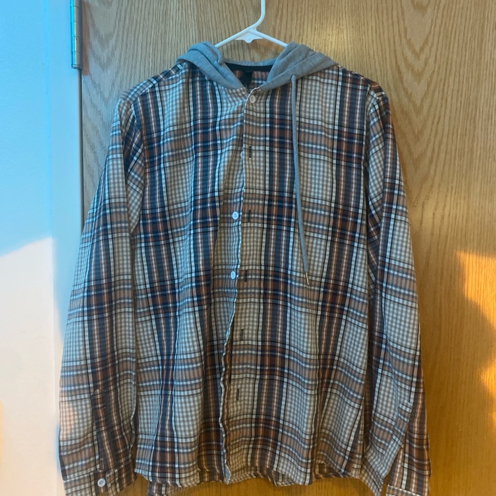 Hoodie sweatshirt button down brown/tan plaid